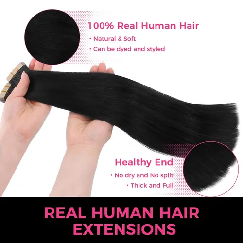 Vista 3 de Extensiones de cabello Lashey de 14 pulgadas; extensiones de cabello humano real lacio color negro azabache con trama adhesiva para mujeres, 20