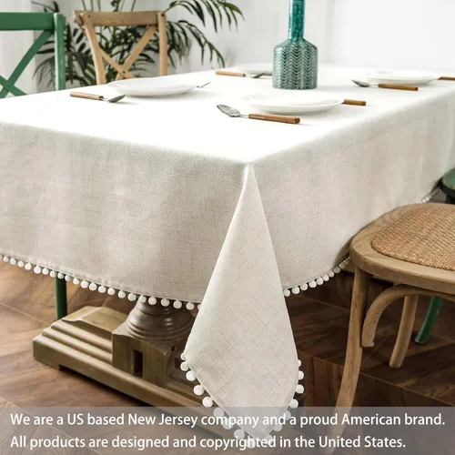Vista 4 de DriftAway Mantel decorativo con borlas y pompones, de lino, rectangular, texturizado, para interiores y exteriores, comedor, buffet, cena, 55 Lino