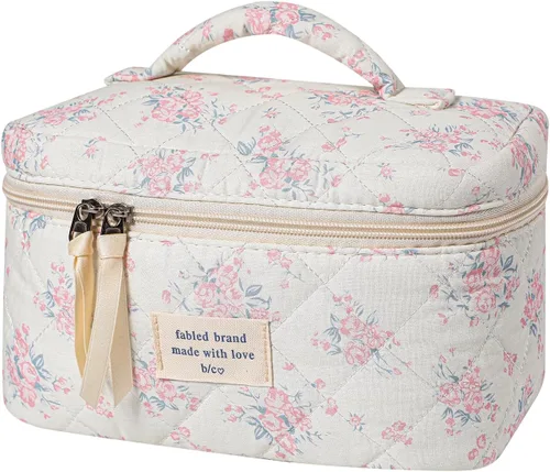 Vista 38 de uekeboag - Bolsa de maquillaje grande de viaje acolchada para mujer, neceser de algodón con estampado floral, neceser con estampado floral