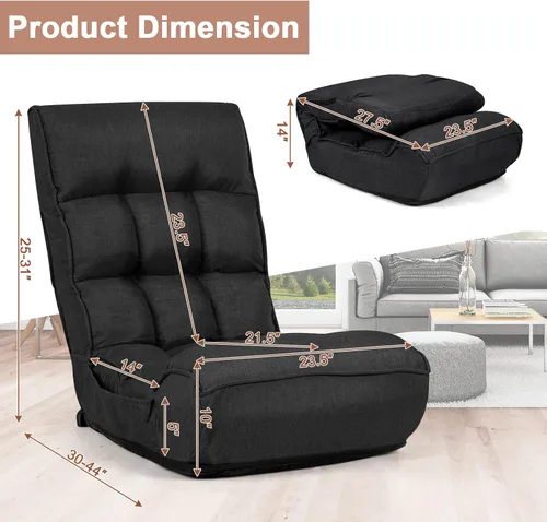 Vista 3 de COSTWAY Sillón plegable de suelo, silla de juegos de suelo con cabezal ajustable de 5 posiciones y respaldo ajustable de 4 posiciones, sofá Negro