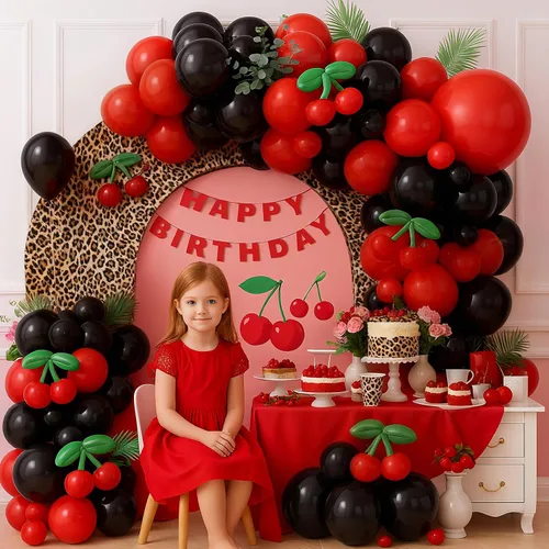 Vista 5 de Kit de arco de guirnalda de globos de cerezo rojo y negro, globos de papel