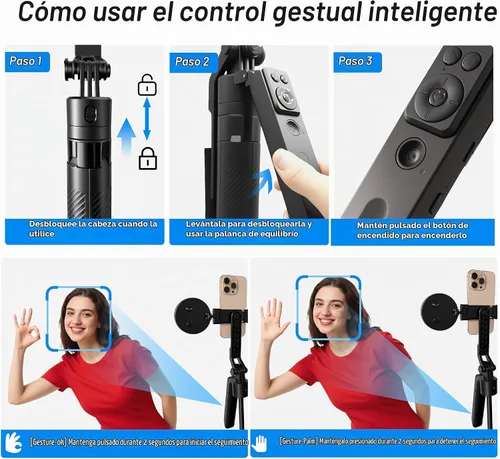 Vista 4 de Trípode para selfie stick de seguimiento automático con luz de llenado, rotación de 360 grados y control de gestos, trípode para selfie stick