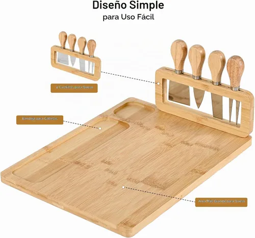 Vista 4 de Juego de tabla de queso de bambú y cuchillos, juego de tablas grandes de charcutería de 14 x 11 pulgadas, bandeja de queso con soporte