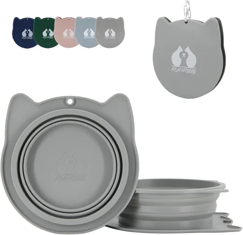 Vista 11 de RUNROLE Cuencos plegables de silicona 2 en 1 para viaje, se juntan y usan por separado, cuencos portátiles para agua y alimentos para mascotas, Rosa