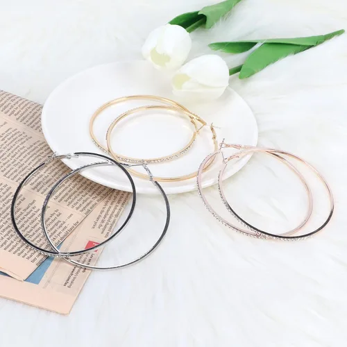 Vista 3 de Serwrsw 3 Pair Diamond Large Hoop Earrings, 3 Colors Big Hoop Earrings with Rhinestone for Women Girl