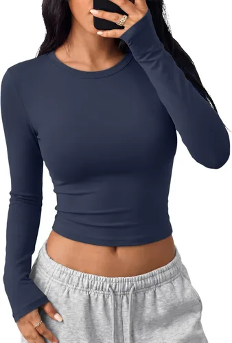 Vista 20 de Trendy Queen Camisetas cortas de manga larga para mujer, camisetas básicas Blanco