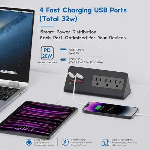 Vista 3 de Estación de carga para mesita de noche, regleta de enchufes de borde para mesita de noche con 3 tomas de CA, 4 puertos USB de carga rápida, con Negro