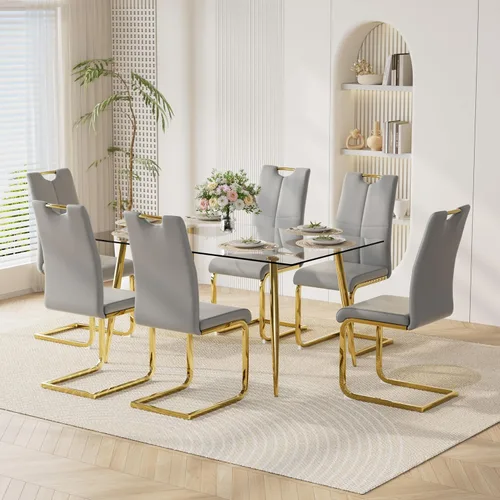Vista 20 de Juego de mesa de comedor moderno de 51 pulgadas para 4 mesas rectangulares de cristal con 4 sillas tapizadas de cuero, asientos 4 ideales para Beige