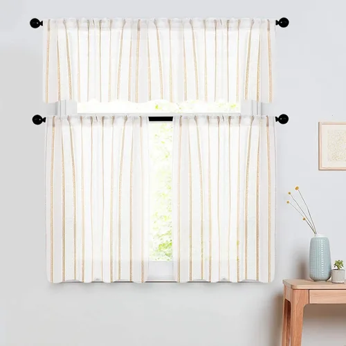 Vista 5 de MRTREES Cortinas de cocina semitransparentes a rayas, cortinas de lino con textura de lino para baño, sala de estar, casa rodante rústica