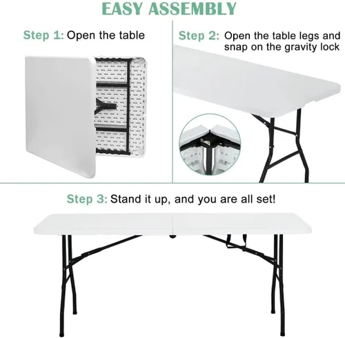 Vista 5 de Mesa plegable portátil de plástico resistente, mesa de picnic de 6 pies, mesa de camping resistente multifunción con asas, práctica mesa plegable