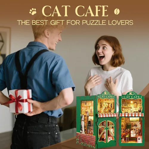 Vista 7 de Kit de Rincón de Libros, Kit de Casa en Miniatura DIY para Adultos, Adolescentes y Principiantes, Casa de Muñecas Booknook Café de Gatos Casa Café