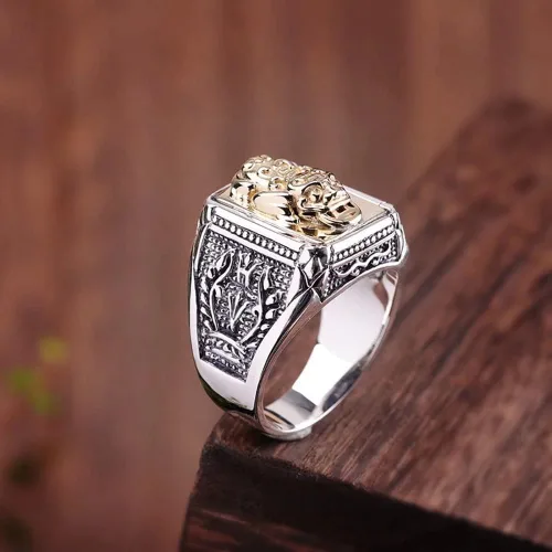 Vista 3 de Renning - Anillo de plata de ley 925 Feng Shui PiXiu para hombres y mujeres, anillos de riqueza Nafu de la suerte, talla 08-14
