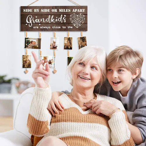 Vista 5 de GEMTEND Regalos para abuela, soporte de fotos para abuela, regalos para abuela de nieta y nieto, clips y cordel para colgar fotos, marco de fotos