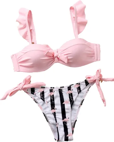 Vista 2 de Lilosy Lindo flamenco rayas lazo lateral volante correa anudada frente bikini traje de baño conjunto mujeres lazo espalda traje de baño