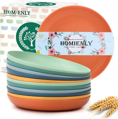 Vista 10 de Homienly Party Plates 12 PCS Wheat Straw Deep Plates 9 Inch Plastic Plates Alternative for Salad,Pizza,Hamburger,Unbreakable Kitchen Plates for