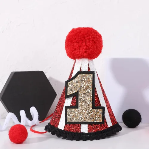 Vista 5 de YOUAME Sombrero de fiesta de primer cumpleaños de circo, traje de corona roja con purpurina para niños y niñas, divertida decoración de fiesta