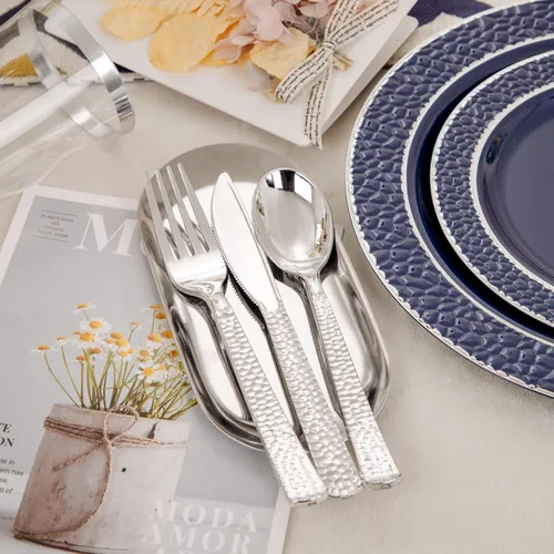 Vista 6 de Ciaell 150 platos de plástico azul y plateado – El plato desechable azul incluye 50 platos, 25 cuchillos, 25 tenedores, 25 cucharas, 25 tazas