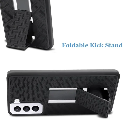 Vista 6 de Fingic Funda para Samsung Galaxy S21 FE, Galaxy S21 FE Funda combinada con funda delgada y resistente con soporte giratorio para cinturón, funda a