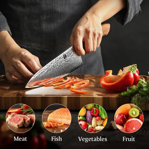 Vista 6 de XINZUO Cuchillo de chef de acero de Damasco de 8.3 pulgadas, 110 capas, cuchillo de cocina profesional forjado a mano, espiga completa, cuchillo