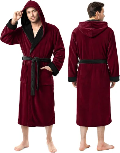Vista 9 de NY Threads - Bata de baño con capucha para hombre de lujo, bata de baño de felpa de lujo con capucha, bata de spa para hombre Negro