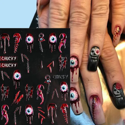 Vista 4 de Calcomanías de uñas 5D para Halloween, cabeza de calabaza, suministros de arte de uñas para decoración de uñas (Halloween A)