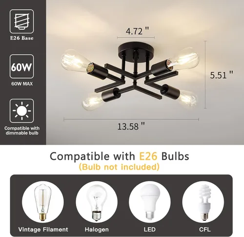 Vista 2 de Accesorio de Lámpara de Techo Industrial Semiempotrada de 4 Luces, Candelabro Sputnik Moderno de Metal Negro con Base de Bombilla E26, Luz Pegada al