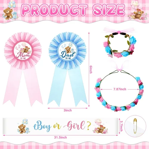 Vista 2 de Riceshoot Banda para revelar género para niño o niña con banda para la cabeza de la muñeca con diadema de flores para fiesta de baby showe