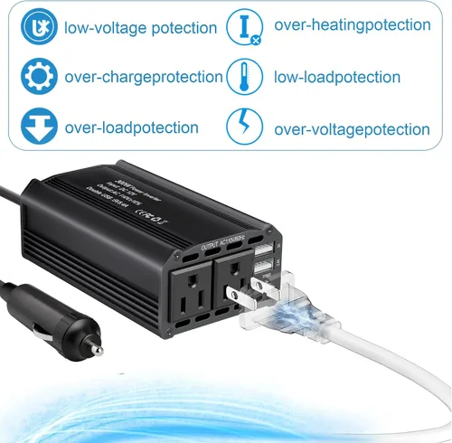 Vista 7 de Inversor de corriente de 300 W, adaptador de enchufe de coche de 12 V CC a 110 V CA, adaptador de enchufe de automóvil a enchufe de pared