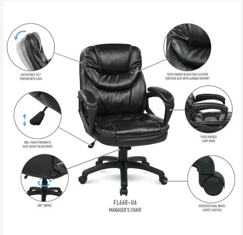 Vista 11 de Office Star Deluxe sobremedida silla de piel sintética con brazos acolchada, Cuero falso Nylon, Negro