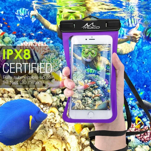 Vista 2 de Carcasa impermeable con accesorios para celular, universal, resistente al agua, con brazalete y correa para el cuello, hasta 6 pulgadas, de MoKo