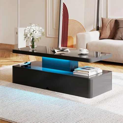 Vista 7 de MXV - Mesa de café moderna, mesas de café de 40 pulgadas con luces LED de 16 colores, mesa central rectangular de 2 niveles, gran espacio de 40