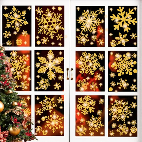 Vista 6 de Adhesivos de Copos de Nieve Dorados con Purpurina para Ventanas 147 PCS Copos de Nieve Brillantes para Ventanas Decoraciones de Paraíso Invernal Oro