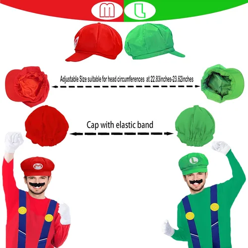 Vista 4 de PUVKVE Super Brothers - Sombrero de fontanero para niños y adultos, disfraz de Bros Gorras Videojuego Maleo Juego de rol Cosplay Halloween