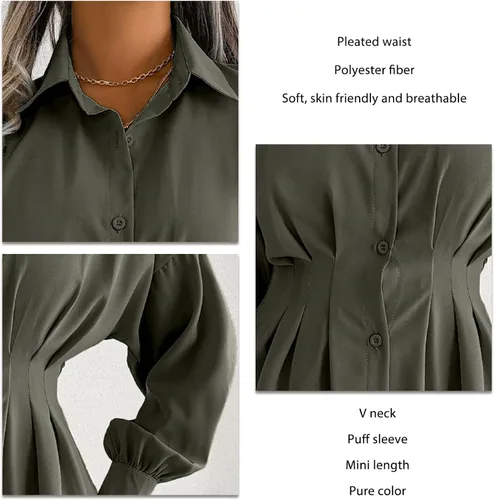 Vista 4 de TOPINCN Minivestido tipo camisa con cuello en V para mujer, estilo casual, manga larga, botones, fruncido, longitud hasta la rodilla, vestido
