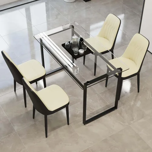 Vista 6 de Juego de mesa de comedor de cristal moderno para 4, juego de mesa de cocina rectangular, juego de mesa de comedor de 5 piezas con 1 mesa de vidrio