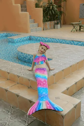 Vista 4 de Traje de baño de cola de sirena con monoaleta para niñas, conjunto de bikini