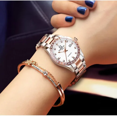 Vista 6 de Reloj mecánico automático de diamantes para mujer, acero inoxidable, zafiro impermeable, elegante reloj azul, Mecánico, cuerda automática