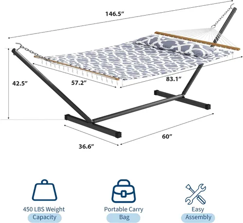 Vista 9 de GarveeLife Hamaca para 2 personas de 57 pulgadas para exteriores, hamaca de algodón con diseño ensanchado con bolsa de transporte y soporte
