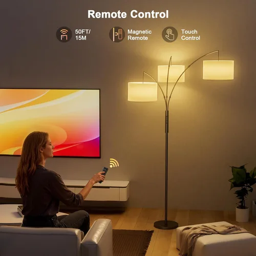 Vista 3 de SIBRILLE Lámpara de pie de arco RGB de 36 W con 3 pantallas de tela blanca, lámpara de pie súper brillante de 3000 lm con control remoto y táctil