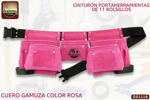 Vista 2 de Graintex DS1118 Cinturón de herramientas rosa de 8 bolsillos en cuero de gamuza con cinturón de 2 pulgadas, 2 bucles de cuero para martillo
