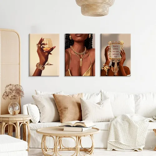 Vista 8 de RVETNGVM 3 piezas de arte de pared de niña negra, mujeres afroamericanas, cuadros abstractos de moda para niña, pinturas bohemias para sala