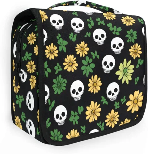 Vista 25 de MNSRUU Neceser colgante con diseño de calavera y girasol, bolsa de maquillaje de viaje para artículos de tocador, organizador de artículos