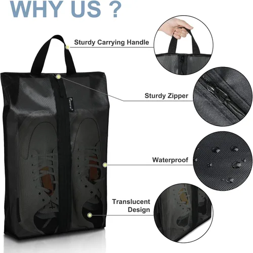 Vista 5 de Bolsas de zapatos para viajes, paquete de 3 bolsas de zapatos impermeables XXL para mujeres y hombres, diseño translúcido bolsa organizadora