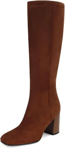 Vista 8 de SOVANYOU Botas altas de piel sintética para mujer, punta cuadrada, tacón grueso, hasta la rodilla, con cremallera lateral Negro