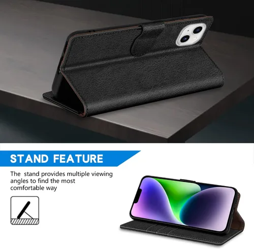 Vista 5 de ZZXX Funda tipo cartera para iPhone 14 Plus con bloqueo RFID, ranura para tarjetas, función atril, cierre magnético, funda protectora de cuero Negro