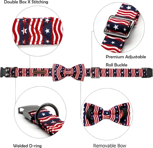 Vista 3 de Lionheart glory Collar de perro con bandera estadounidense, collar de lazo para perro del 4 de julio, resistente y ajustable, patriótico