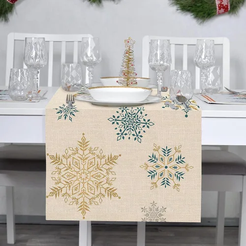 Vista 4 de Seliem Camino de Mesa de Copos de Nieve de Invierno, Bufanda de Mesa Dorada y Azul para Cocina y Hogar, Decoración Festiva de Navidad, Decoraciones