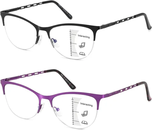 Vista 9 de Gafas de lectura multifocales para mujer, progresivas multifocales, luz azul, lector de computadora, ojo de gato, metal, medio marco, sin línea