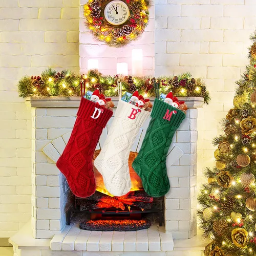 Vista 7 de Calcetines de Navidad con inicial A, 20 pulgadas, con iniciales bordadas para la familia, calcetín navideño tejido personalizado con monograma