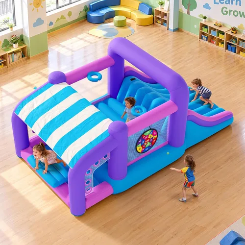 Vista 17 de Albott Inflatable Bounce House Obstacle Course with Blower, for Kids 3-10 Azul océano y verde